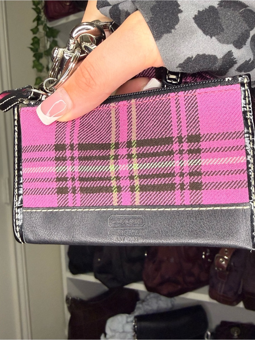 Coach Pink Plaid Card Case with Black Trim
